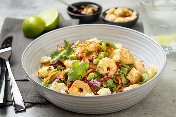 Miso Crunchy Prawn Salad Bowl with Chilli and Lime Croutons