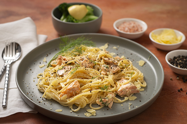 Creamy Salmon and Dill Spaghetti with Broccoli and Peas