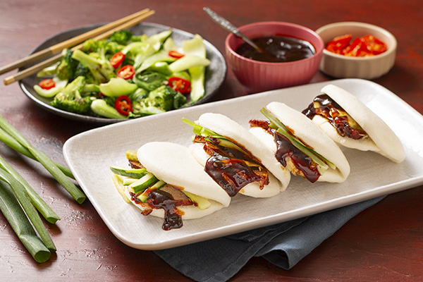 Peking Duck Bao Buns with Sesame Chilli Asian Greens