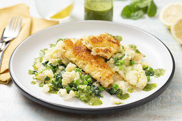 Crunchy Crumbed Goldband Snapper Lemon Crushed Potatoes with a Fresh Mint Sauce