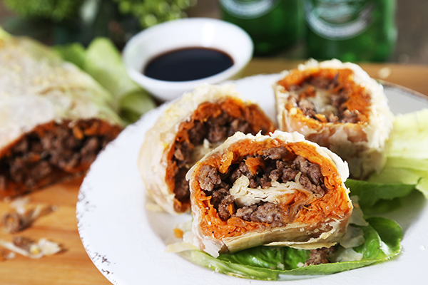 Lamb and Beef Sweet Potato Strudel with Caramelised Onion and Fennel