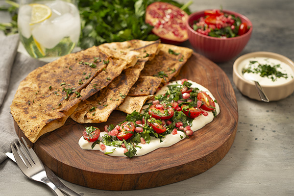 Stuffed Beef Pita with Tomato and Pomegranate Salad