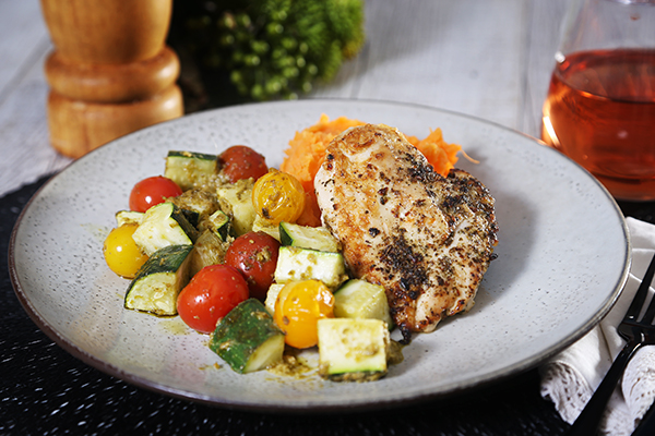 One Tray Pesto Roasted Chicken with Pumpkin and Pea Mash