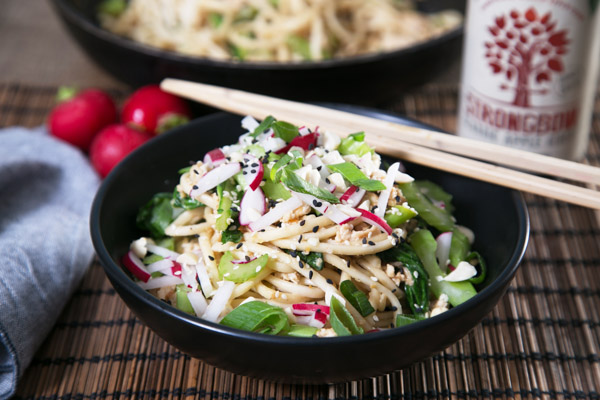 Garlic & Peanut Chicken with Udon Noodles, Celery and Kai Lan