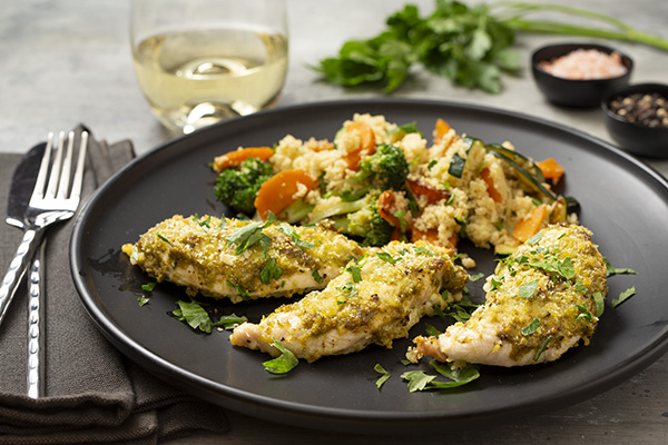 Parmesan and Garlic Herb Crumbed Chicken Tenderloins with Veggie Couscous