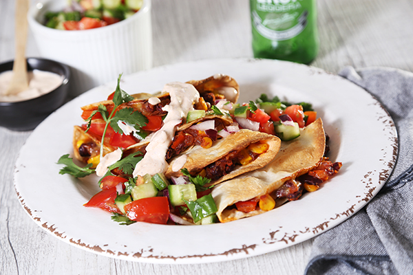 Cheesy Bean and Corn Quesadilla with Salsa and Sour Cream