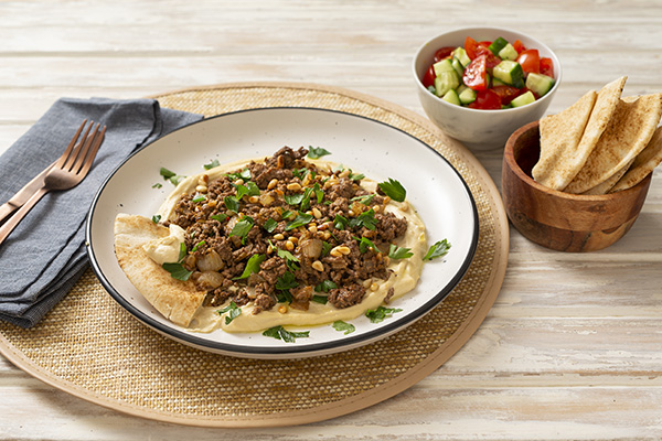 Middle Eastern Beef with Hummus, Pita and Chopped Salad