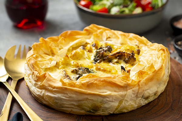 Curried Cauliflower and Broccoli Cheese Filo Pie With Rocket and Tomato Salad