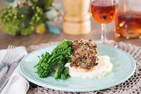 Pecan Crusted Salmon with Mash & Greens