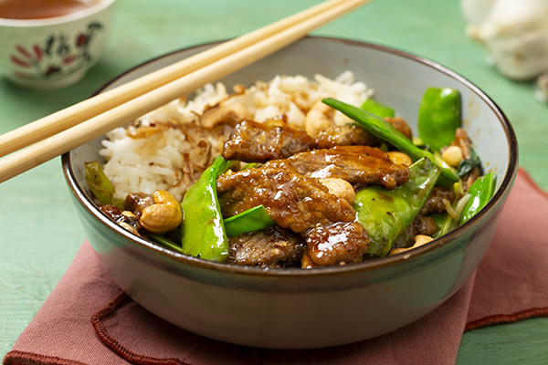 Sweet and Sticky Asian Beef with Snow Peas and Jasmine Rice