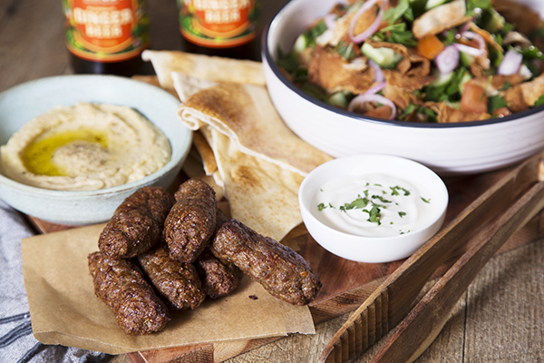 Beef Kofta Mezze with Hummus Warm Pita and Fattoush