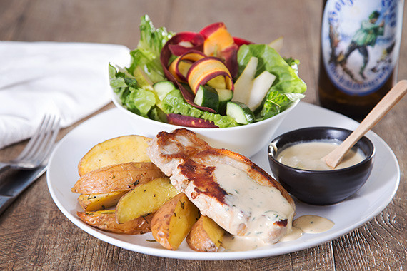 Pork with Creamy Tarragon Sauce, Potato Wedges and a Crisp Salad