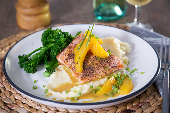 Sumac Salmon with Parsnip Mash, Orange Butter Sauce & Broccolini