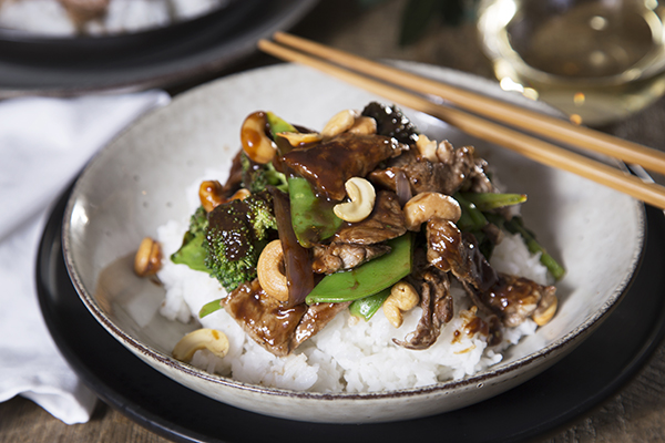 Beef, Black Bean and Cashew Nut Stirfry with Steamed Jasmine Rice and Greens