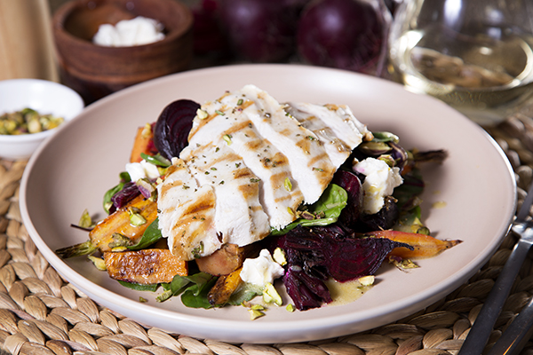 Roasted Root Veg Salad with Grilled Chicken Fetta and Pistachios