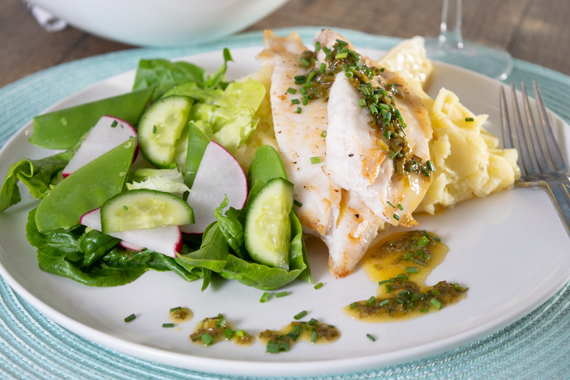 Snapper with Lemon and Chive Butter Sauce, Garlic Mash and a Crisp Side Salad