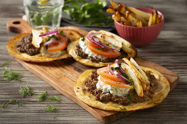 Loaded Beef Gyros Smash Taco with Crispy Potatoes and Herbed Fetta Tzatziki