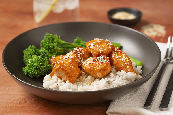 Hot Honey Salmon Bites with Creamy Coconut Rice and Fresh Broccolini