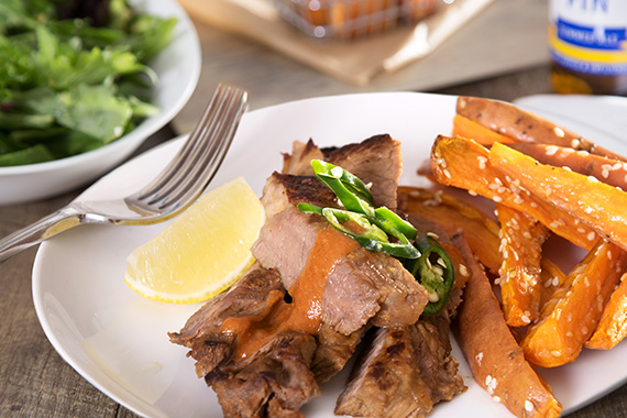 Steak with Lime, Miso and Chilli Sauce, Sesame Wedges and Green Salad