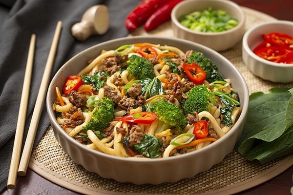 Beef and Broccoli Udon with Choy Sum