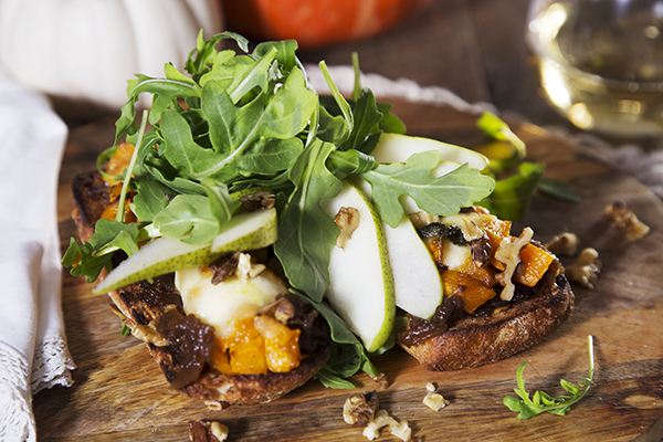 Toasted Pumpkin, Mozzarella and Caramelised Onion Panini with a Rocket, Pear and Walnut Salad