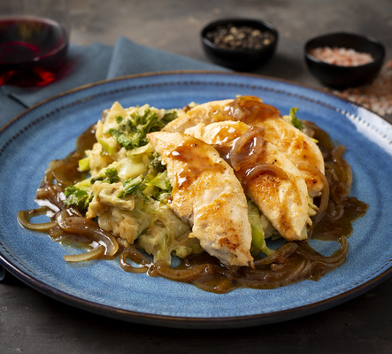 Pan Fried Chicken and Colcannon Irish Mash with Onion Gravy