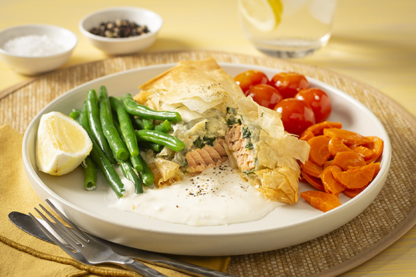 Filo Salmon Parcels with Roasted Veg and Herb Yoghurt