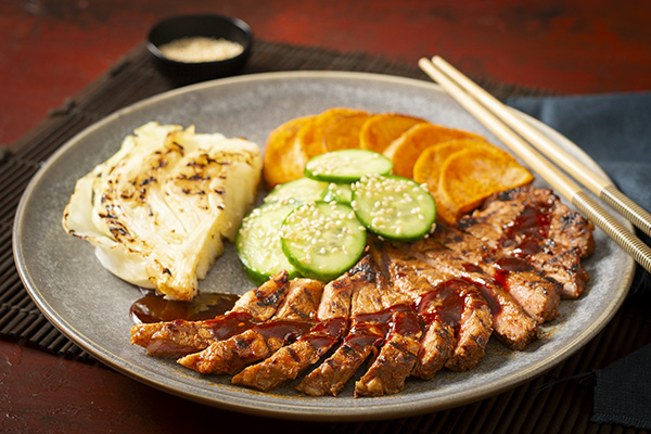 Korean BBQ Steak with Roasted Sweet Potato and Charred Cabbage