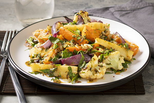 Winter Veg Crispy Rice Warm Salad with Miso, Mustard and Honey Dressing