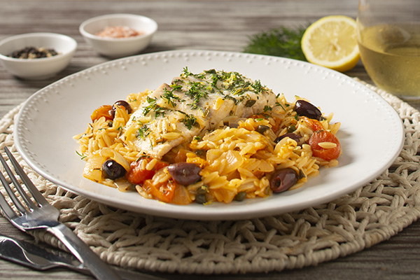 Barramundi and Mediterranean Risoni with Cherry Tomatoes, Olives and Fresh Herbs