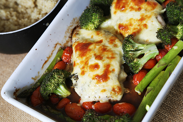 Baked Mozzarella Chicken with Tomatoes, Asparagus, Broccoli and Quinoa