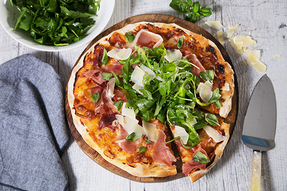 Prosciutto and Parmesan Pizza with Rocket and Balsamic