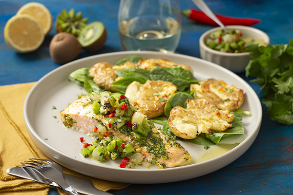 Salmon with Kiwifruit a Pineapple Salsa and Crispy Smashed Potatoes