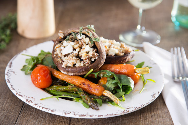 Almond and Thyme Crusted Mushrooms with Fetta and Roasted Veg
