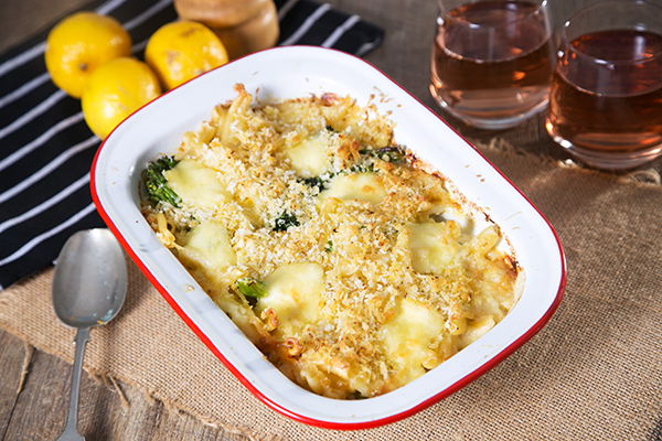 Cheesy Alfredo Pasta Bake with Greens and Parmesan Crumb