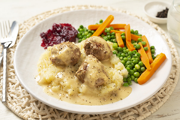 IKEA. No. These Are YPI Swedish Meatballs with Mash, Peas, Carrots and Cranberry Sauce