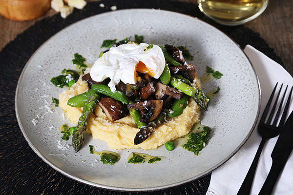 Cheesy Polenta and Veg with Gremolata and Poached Eggs