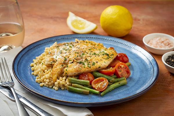 Grilled Snapper and Couscous with Snow Peas and Cherry Tomatoes