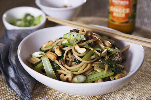 Sesame Beef Udon Bowl with Asian Greens and Cashews
