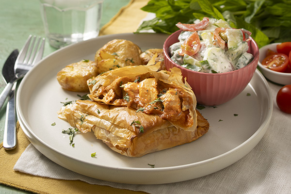 Butter Chicken Filo Parcels with Smashed Potatoes and Cucumber Salad