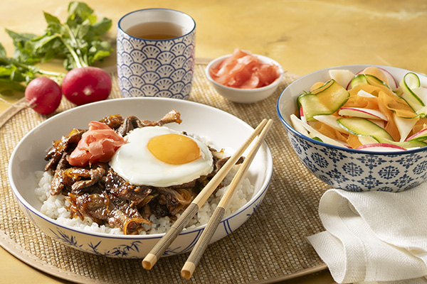 Japanese Onion and Steak Rice Bowl with a Pear and Cucumber Salad