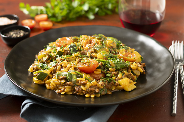Spiced Harissa Beef and Tomato Risoni with Zucchini and Spinach