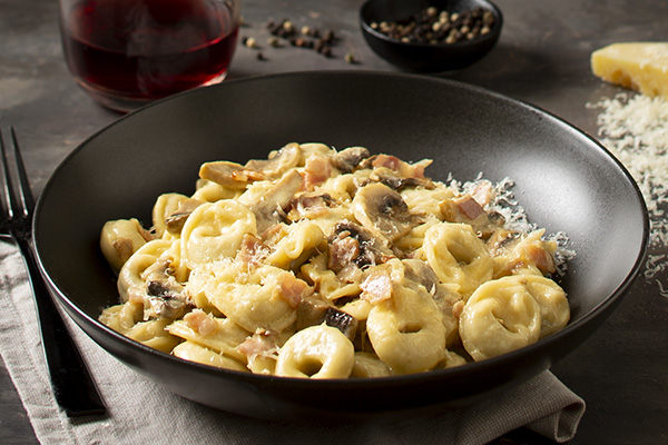 Creamy Beef Tortellini With Mushroom and Bacon Sauce