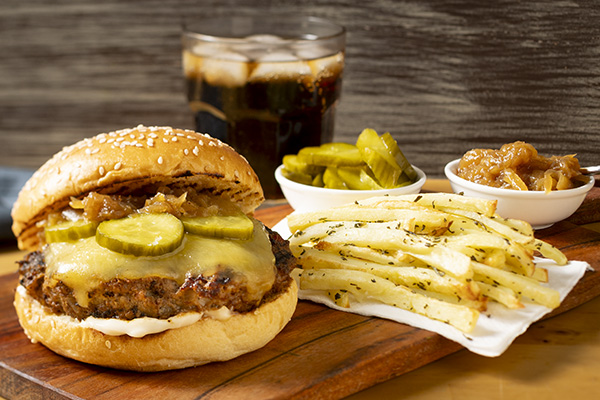 Classic Smoked Onion Cheeseburger with Pickles and Rosemary Fries