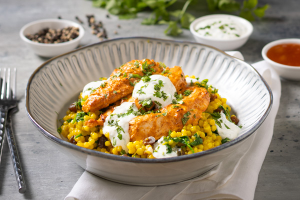Tandoori Chicken and Curried Couscous with Herb Yoghurt and Mango Chutney