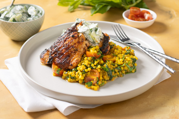 Harissa Chicken and Israeli Couscous With Herbed Cucumber and Yoghurt Salad
