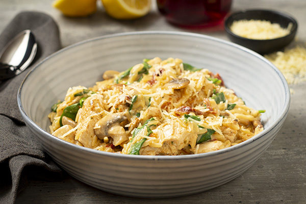 Tuscan Chicken Orzotto with Sundried Tomato, Spinach and Mushrooms