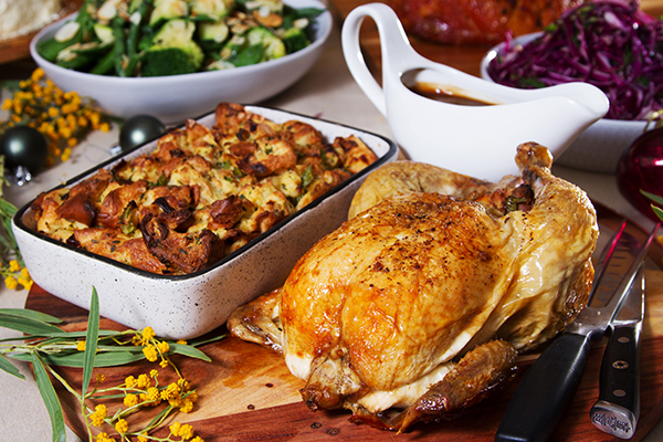 Aromatic Free Range Whole Roasted Chicken, with Sage, Garlic and Cranberry Stuffing