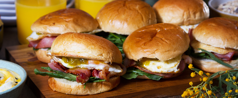 Christmas Morning Bacon and Egg Sliders with Toasted Brioche Buns and Smokey Tomato Relish