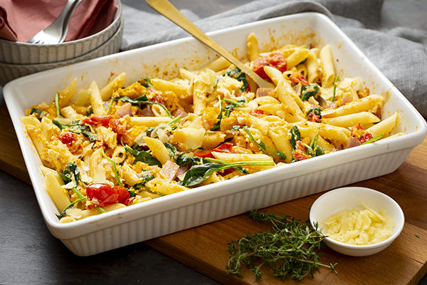 Roasted Fetta Pasta with Cherry Tomatoes, Pumpkin and Spinach